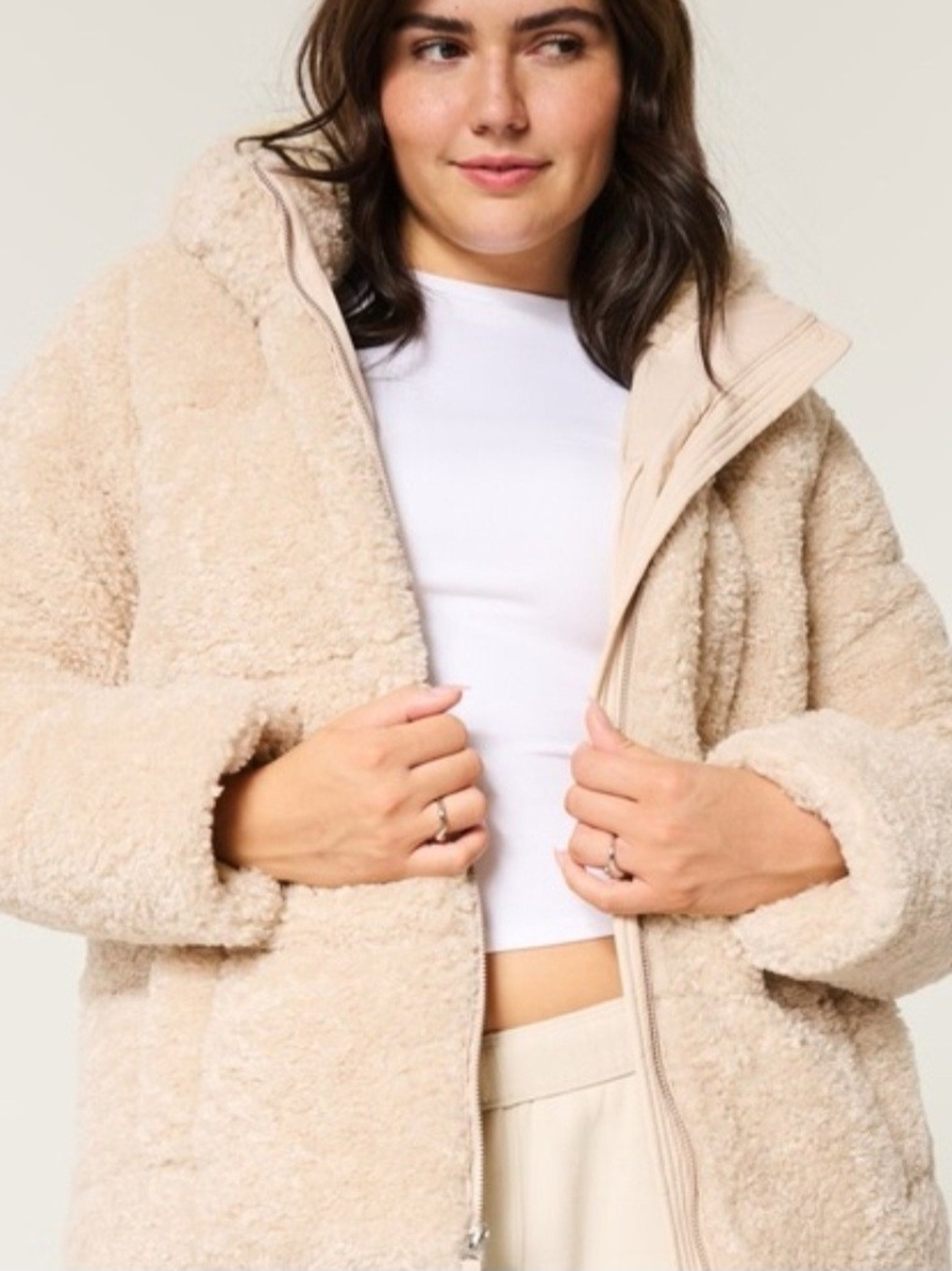 Hollister Medium Plush Cream Teddy Zip Jacket